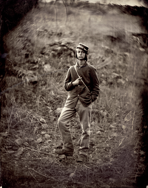A wet plate photograph taken in California shows reenactor Bridger Zadina as a Union private.