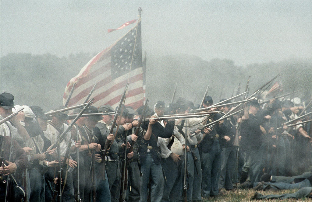 Union Civil War reenactors hold the line at the 150th anniversary of the First Manassas/Bull Run reenactment in Virignia.